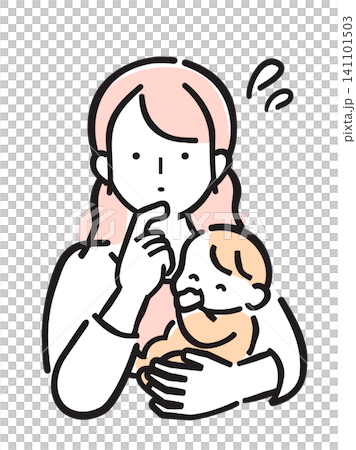 A woman holding a baby and feeling a sense of doubt. (Simple color illustration) A woman holding a baby and feeling a sense of doubt. (Simple color illustration) 141101503