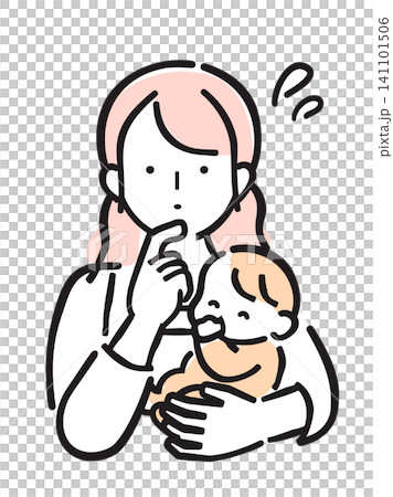 一幅簡單的彩色插圖,描繪了一位穿著圍裙的女人抱著一個嬰兒(臉上帶著疑問或擔憂的表情)。 一幅簡單的彩色插圖,描繪了一位穿著圍裙的女人抱著一個嬰兒(臉上帶著疑問或擔憂的表情)。 141101506