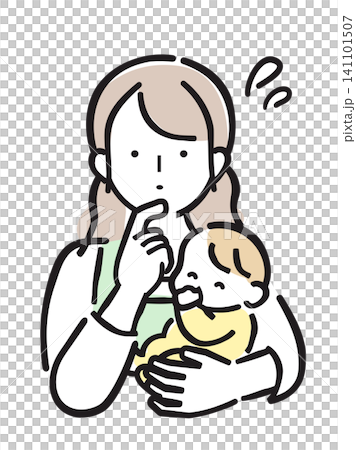 一幅粉彩色調的插圖,描繪了一位身穿圍裙、抱著嬰兒的女子(臉上帶著疑問或擔憂的表情)。 一幅粉彩色調的插圖,描繪了一位身穿圍裙、抱著嬰兒的女子(臉上帶著疑問或擔憂的表情)。 141101507