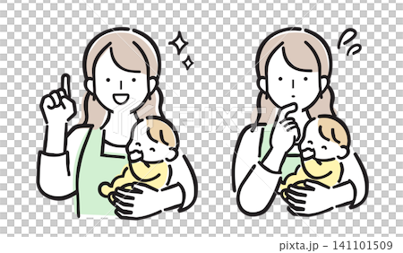 一組以柔和色調描繪一位抱著嬰兒的女性的喜悅與憂慮的插圖。 一組以柔和色調描繪一位抱著嬰兒的女性的喜悅與憂慮的插圖。 141101509
