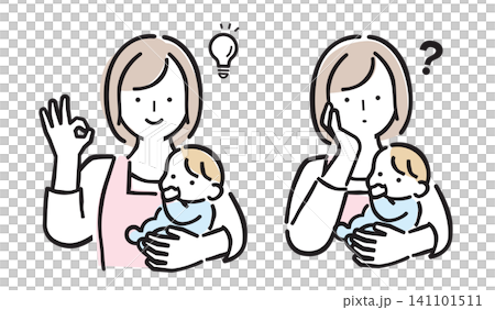 一組粉彩色調的插圖,描繪了一位身穿圍裙、抱著嬰兒的婦女的喜悅和憂慮。 一組粉彩色調的插圖,描繪了一位身穿圍裙、抱著嬰兒的婦女的喜悅和憂慮。 141101511