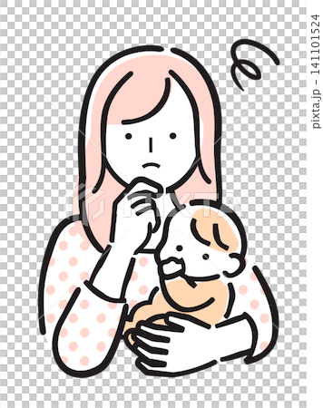 一幅簡單的彩色插圖，描繪了一位抱著嬰兒、神情憂慮的女子。 141101524