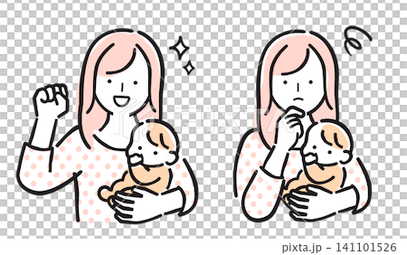 一組簡單的彩色插圖，描繪了一位抱著嬰兒的女性的喜悅和焦慮。 141101526