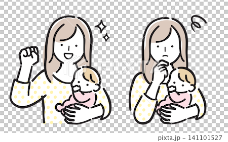 一組柔和色調的插圖，描繪了一位抱著嬰兒的女性的喜悅和焦慮。 141101527