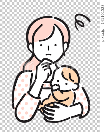 一幅簡單的彩色插圖,描繪了一位穿著圍裙的女人抱著一個嬰兒(臉上帶著疑問或擔憂的表情)。 一幅簡單的彩色插圖,描繪了一位穿著圍裙的女人抱著一個嬰兒(臉上帶著疑問或擔憂的表情)。 141101528
