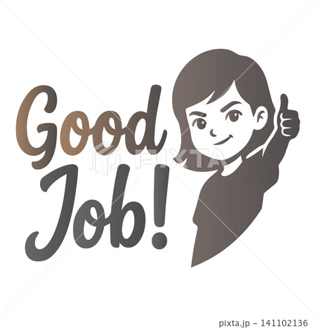 Woman giving thumbs up with 'Good Job' text in a white background representing achievement and approval Woman giving thumbs up with 'Good Job' text in a white background representing achievement and approval 141102136