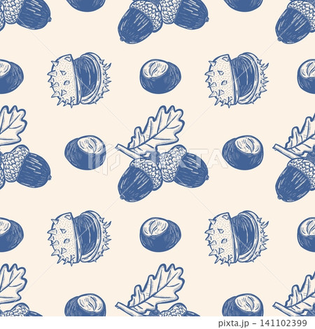 Autumn Acorn and Chestnut Seamless Pattern with Botanical Vintage Blue Drawing Autumn Acorn and Chestnut Seamless Pattern with Botanical Vintage Blue Drawing 141102399