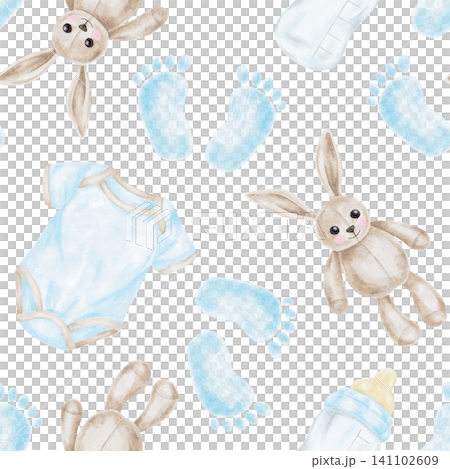 Blue baby bodysuit, beige bunny toy, baby bottle and footprints watercolor seamless pattern clipart for nursery fabric, wallpaper, wrapping paper, stationery and children's merchandise. Blue baby bodysuit, beige bunny toy, baby bottle and footprints watercolor seamless pattern clipart for nursery fabric, wallpaper, wrapping paper, stationery and children's merchandise. 141102609
