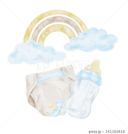 Beige rainbow, blue clouds, diaper and baby bottle watercolor composition clipart for nursery wall art, birth announcements, baby shower stationery, gift packaging and printable designs. Beige rainbow, blue clouds, diaper and baby bottle watercolor composition clipart for nursery wall art, birth announcements, baby shower stationery, gift packaging and printable designs. 141102618