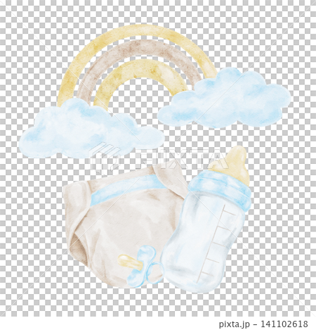 Beige rainbow, blue clouds, diaper and baby bottle watercolor composition clipart for nursery wall art, birth announcements, baby shower stationery, gift packaging and printable designs. Beige rainbow, blue clouds, diaper and baby bottle watercolor composition clipart for nursery wall art, birth announcements, baby shower stationery, gift packaging and printable designs. 141102618