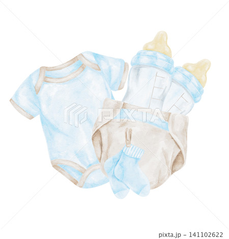 Blue baby bodysuit, beige diaper, blue socks and baby bottle watercolor composition clipart for nursery posters, baby shower invitations, apparel graphics, packaging and printable stationery. Blue baby bodysuit, beige diaper, blue socks and baby bottle watercolor composition clipart for nursery posters, baby shower invitations, apparel graphics, packaging and printable stationery. 141102622