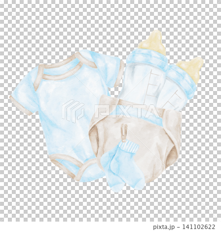 Blue baby bodysuit, beige diaper, blue socks and baby bottle watercolor composition clipart for nursery posters, baby shower invitations, apparel graphics, packaging and printable stationery. Blue baby bodysuit, beige diaper, blue socks and baby bottle watercolor composition clipart for nursery posters, baby shower invitations, apparel graphics, packaging and printable stationery. 141102622
