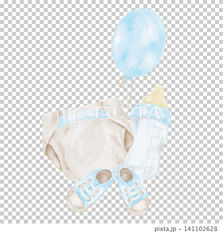 Blue balloon, beige baby diaper, baby bottle and blue shoes watercolor composition clipart for baby shower invitations, birth announcements, nursery prints, greeting cards, packaging and stationery 141102628