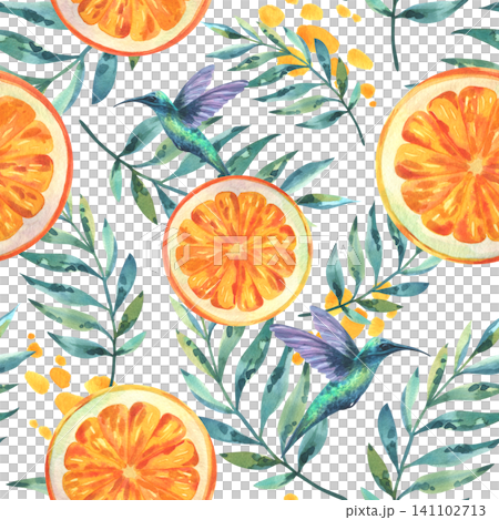 Watercolor seamless pattern with orange fruit slices, tropical leaves and hummingbirds. Hand painted botanical illustration for summer textile print and beach bar decoration. 141102713