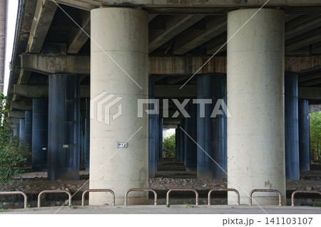 Underside View of Elevated Highway With Numbered Concrete Piers Underside View of Elevated Highway With Numbered Concrete Piers 141103107