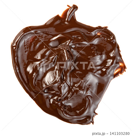 A splash of glossy melted dark chocolate or thick cocoa spread isolated. Perfect for food, dessert, and confectionery design themes. High quality top view macro shot. A splash of glossy melted dark chocolate or thick cocoa spread isolated. Perfect for food, dessert, and confectionery design themes. High quality top view macro shot. 141103280