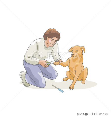 Owner clipping a dog's nails during a regular home hygiene routine. Vector illustration isolated on white background. Owner clipping a dog's nails during a regular home hygiene routine. Vector illustration isolated on white background. 141103370