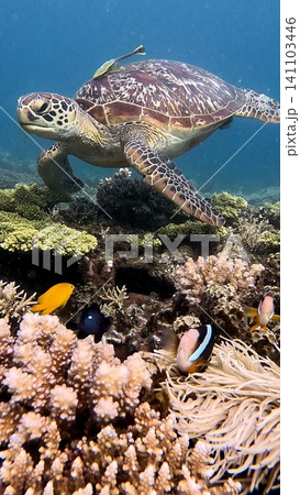 A green sea turtle (Chelonia mydas) with a live sharksucker (Echeneis naucrates) on its shell amidst vibrant coral reef, surrounded by diverse fish and marine life. Dauin, Philippines A green sea turtle (Chelonia mydas) with a live sharksucker (Echeneis naucrates) on its shell amidst vibrant coral reef, surrounded by diverse fish and marine life. Dauin, Philippines 141103446