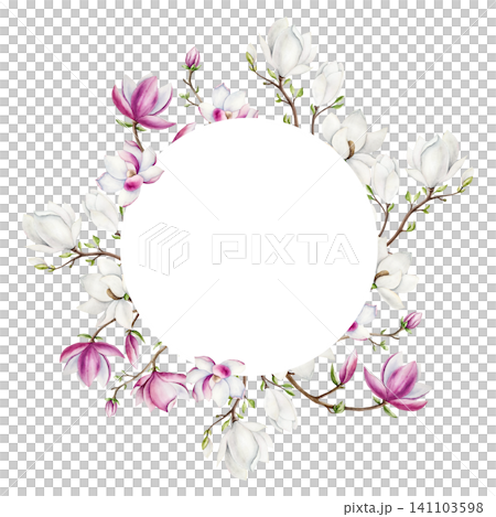 Magnolia logo, branch with pink and white flowers frame. Watercolor hand drawn spring template lush blossom illustration isolated on background, transparent png. Botanical and wedding clip art. For gr Magnolia logo, branch with pink and white flowers frame. Watercolor hand drawn spring template lush blossom illustration isolated on background, transparent png. Botanical and wedding clip art. For gr 141103598