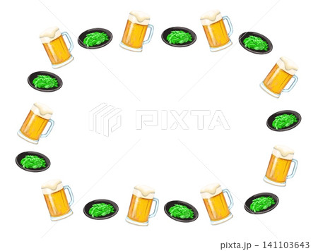 白バックに生ビールと枝豆のフレームイラスト 141103643