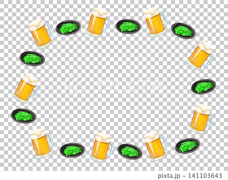 白バックに生ビールと枝豆のフレームイラスト 141103643