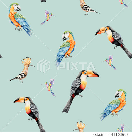 Seamless pattern with tropical birds. Watercolor hand drawn hummingbird, parrot macaw, toco toucan, hoopoe. Isolated illustration on transparent background. Perfect for tropical design projects. For 141103698