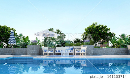 Luxury rooftop swimming pool with modern terrace lounge and city view, 3D Rendering Luxury rooftop swimming pool with modern terrace lounge and city view, 3D Rendering 141103714