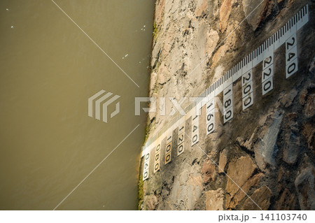 River Water Level Gauge Mounted on Canal Wall River Water Level Gauge Mounted on Canal Wall 141103740