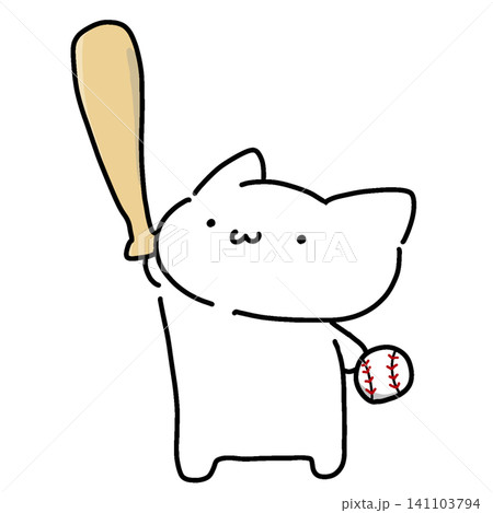 バットと野球ボールを持った可愛い白猫のゆるい手描き風キャラクターイラスト 141103794