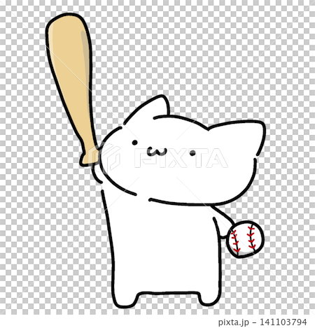 バットと野球ボールを持った可愛い白猫のゆるい手描き風キャラクターイラスト 141103794