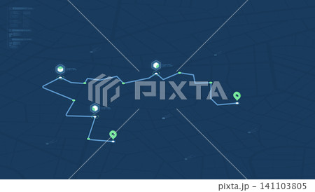 Isometric logistics map tracking delivery route with floating data panels 141103805