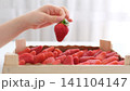 Woman holding large fresh strawberry near crate filled with ripe berries 141104147