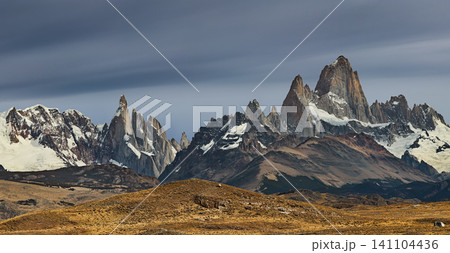 Beautiful mountain panorama with Mounts Fitz Roy and Cerro Torre in Argentina Beautiful mountain panorama with Mounts Fitz Roy and Cerro Torre in Argentina 141104436
