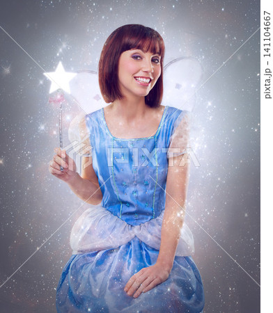 Fairy, wand and portrait of woman with smile in tutu, mystical and magic with butterfly wings. Adult, female person and girl with happiness for whimsical, sparkles and fantasy in studio or background 141104667