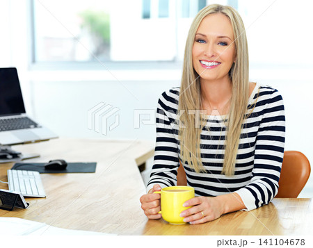 Coffee, smile and portrait of woman in office with positive, good and confident attitude. Happy, pride and professional creative designer with cappuccino, latte or espresso by desk in workplace. 141104678
