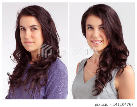 Transformation, woman and portrait with happiness for hair care with cosmetics, curly hairstyle and makeover with fashion. Person, face and collage for beauty change with smile on white background Transformation, woman and portrait with happiness for hair care with cosmetics, curly hairstyle and makeover with fashion. Person, face and collage for beauty change with smile on white background 141104767