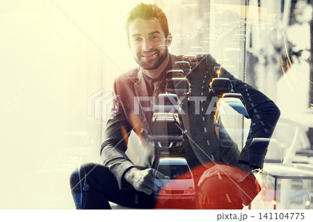 Double exposure, portrait and happy businessman by city background and confidence in career in transport. Face, smile and travel agent with pride in job and trip advisor for commute in urban town 141104775