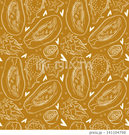 Hand-drawn seamless background made of tropical summer fruits, papaya, passion fruit, carambola, dragon fruit in line art style 141104798