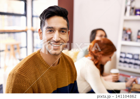 Man, portrait and work break room in a office with cappuccino, smile and happy with coworkers. Staff, worker and relax creative team at the company coffee shop with entrepreneur and conversation Man, portrait and work break room in a office with cappuccino, smile and happy with coworkers. Staff, worker and relax creative team at the company coffee shop with entrepreneur and conversation 141104862
