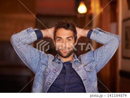Portrait, smile and handsome male person in home, fashion and denim for relax or holiday. Confidence, smirk and style for man model with hands behind head, trendy and on vacation in Texas house Portrait, smile and handsome male person in home, fashion and denim for relax or holiday. Confidence, smirk and style for man model with hands behind head, trendy and on vacation in Texas house 141104874
