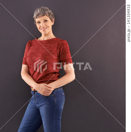 Portrait, fashion and elderly woman with smile, retirement and confident pensioner on a grey studio background. Face, old person and joyful with stylish clothes and casual outfit with mockup space Portrait, fashion and elderly woman with smile, retirement and confident pensioner on a grey studio background. Face, old person and joyful with stylish clothes and casual outfit with mockup space 141104918