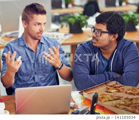 Business people, teamwork and pizza for creative planning, ideas and training or advice on laptop in workspace. Graphic designer or men on computer with fast food, collaboration and startup office 141105034
