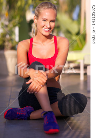 Happy woman, home and portrait for fitness outdoor with health, wellness and sportswear for workout on patio. Relax, training or exercise with fresh air, sun and challenge with athlete for sports Happy woman, home and portrait for fitness outdoor with health, wellness and sportswear for workout on patio. Relax, training or exercise with fresh air, sun and challenge with athlete for sports 141105075