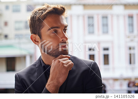 Thinking, career and professional businessman on balcony and formal fashion for working in town. Accountant, idea and solution of entrepreneur with confidence and finance decision by urban city 141105326
