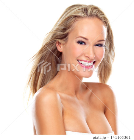 Portrait, hair care and happy woman with makeup for skincare or glow isolated on a white studio background. Face, hairstyle and smile of blonde person with beauty cosmetics at salon for hairdresser Portrait, hair care and happy woman with makeup for skincare or glow isolated on a white studio background. Face, hairstyle and smile of blonde person with beauty cosmetics at salon for hairdresser 141105361