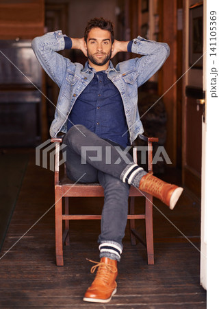 Smile, happy and portrait of male person on chair, living room or home for relax. Face, confidence and style for handsome man model with hands behind head, fashionable and on holiday in Texas Smile, happy and portrait of male person on chair, living room or home for relax. Face, confidence and style for handsome man model with hands behind head, fashionable and on holiday in Texas 141105369