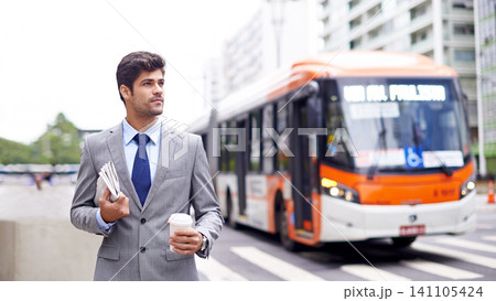 Business man, newspaper and commute for coffee, travel and walking journey to office building. Corporate, morning and person in urban town for confidence, professional and employee for transportation Business man, newspaper and commute for coffee, travel and walking journey to office building. Corporate, morning and person in urban town for confidence, professional and employee for transportation 141105424