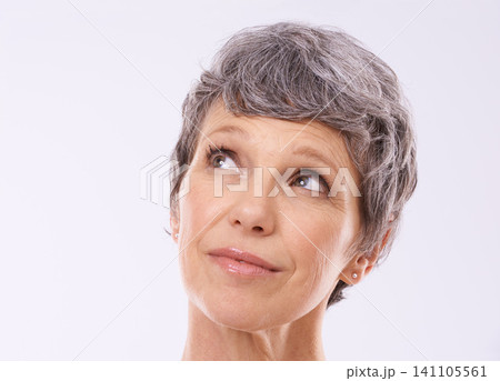 Idea, thinking and senior woman in studio for faq, brainstorming or problem solving on white background. Questions, planning and old lady model curious about announcement, information or deal offer Idea, thinking and senior woman in studio for faq, brainstorming or problem solving on white background. Questions, planning and old lady model curious about announcement, information or deal offer 141105561