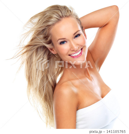 Studio, hair care and portrait of woman with smile for salon results, hairdresser and keratin treatment. Female person, happy and confident pose for shampoo, growth and shine on white background Studio, hair care and portrait of woman with smile for salon results, hairdresser and keratin treatment. Female person, happy and confident pose for shampoo, growth and shine on white background 141105765