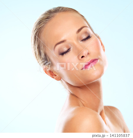 Dermatology, beauty and woman for skincare, makeup and wellness for clean, clear and smooth. Model or young person and attractive with lipstick for gloss, shimmer and hygiene for face in studio Dermatology, beauty and woman for skincare, makeup and wellness for clean, clear and smooth. Model or young person and attractive with lipstick for gloss, shimmer and hygiene for face in studio 141105837